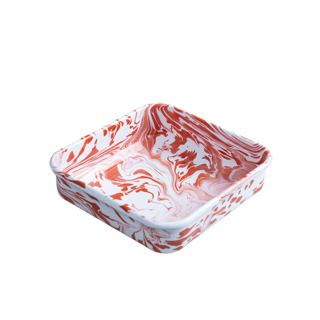 red marble square enamel baking dish