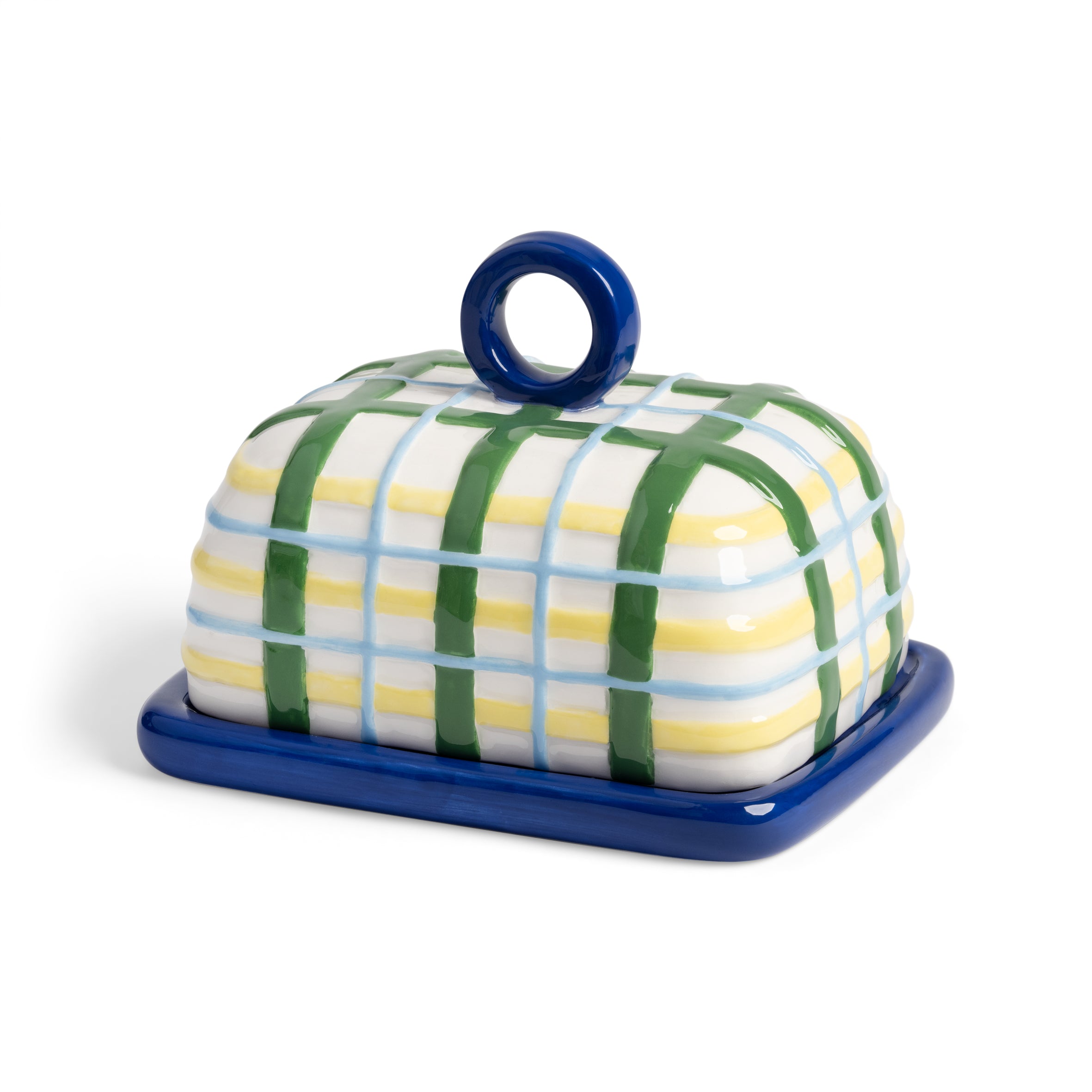 Blue and green plaid butter dish