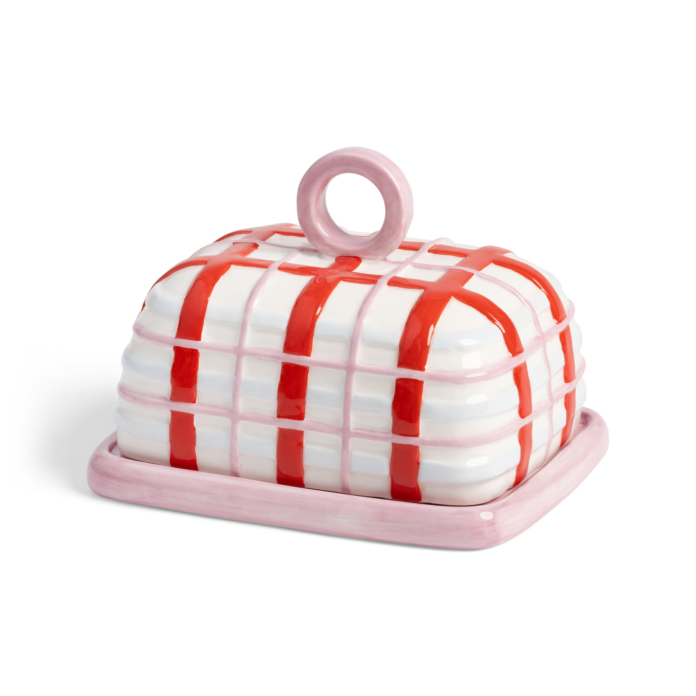 pink and red check plaid butter dish