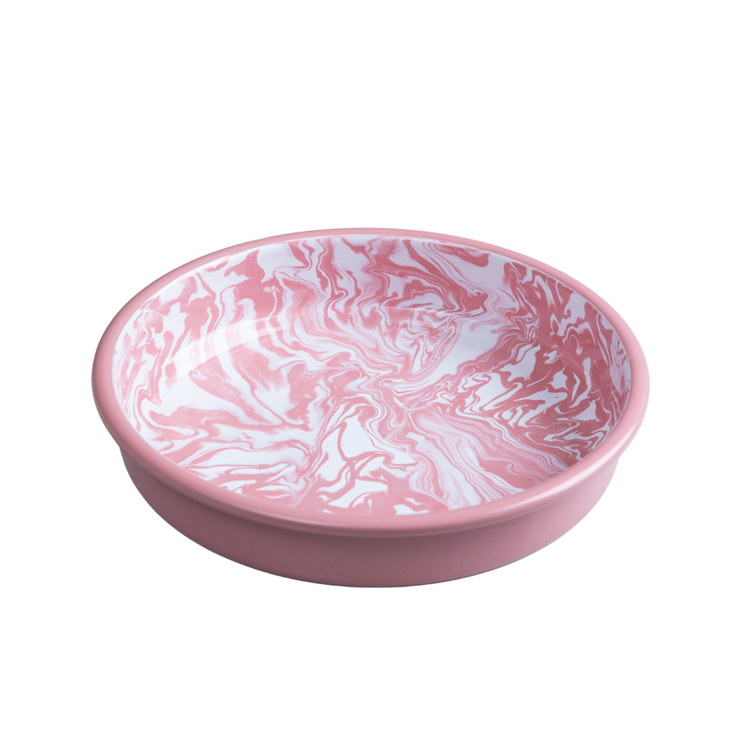 Pink marble round enamel baking dish