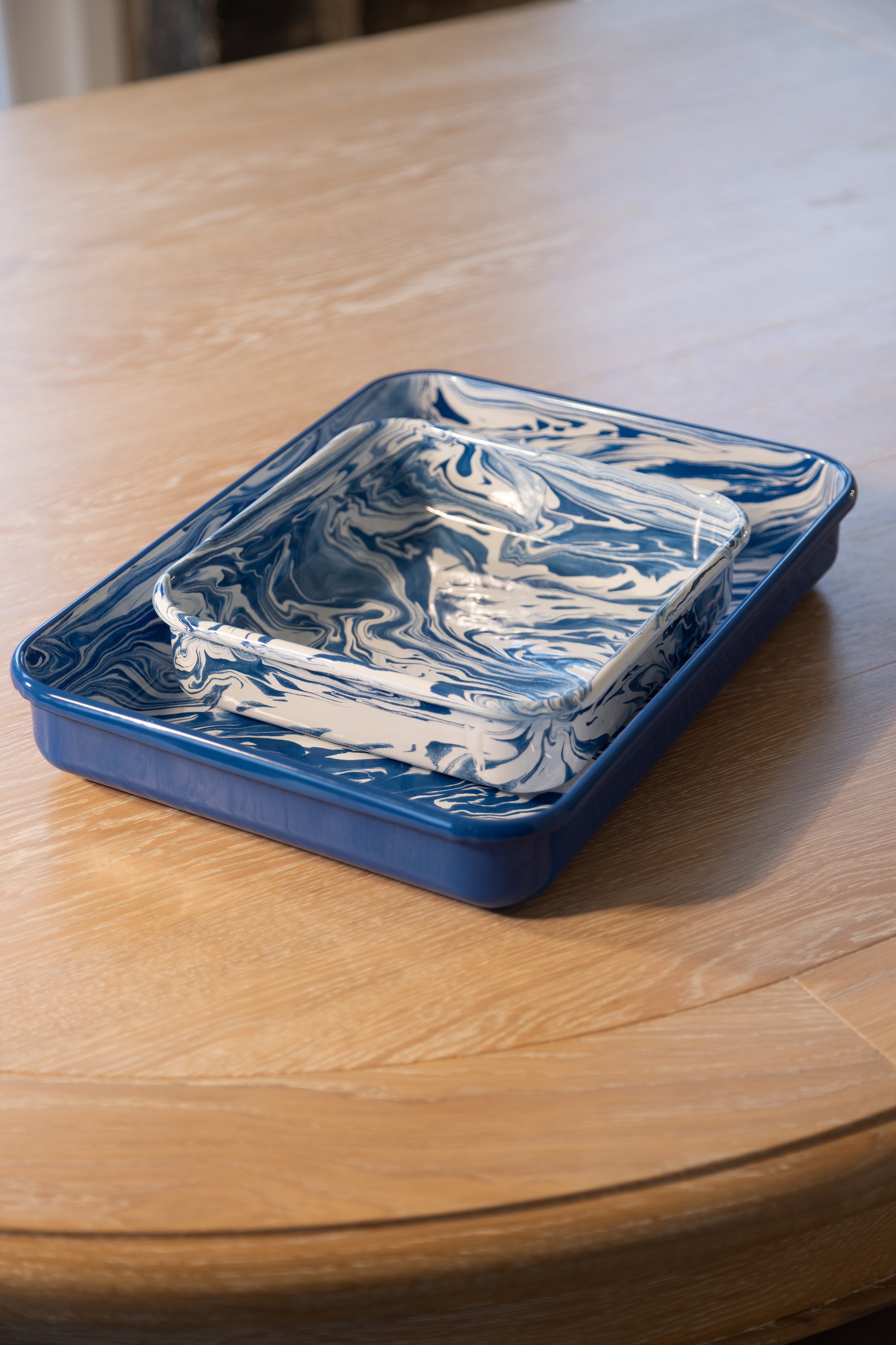 Blue marble square enamel baking dish