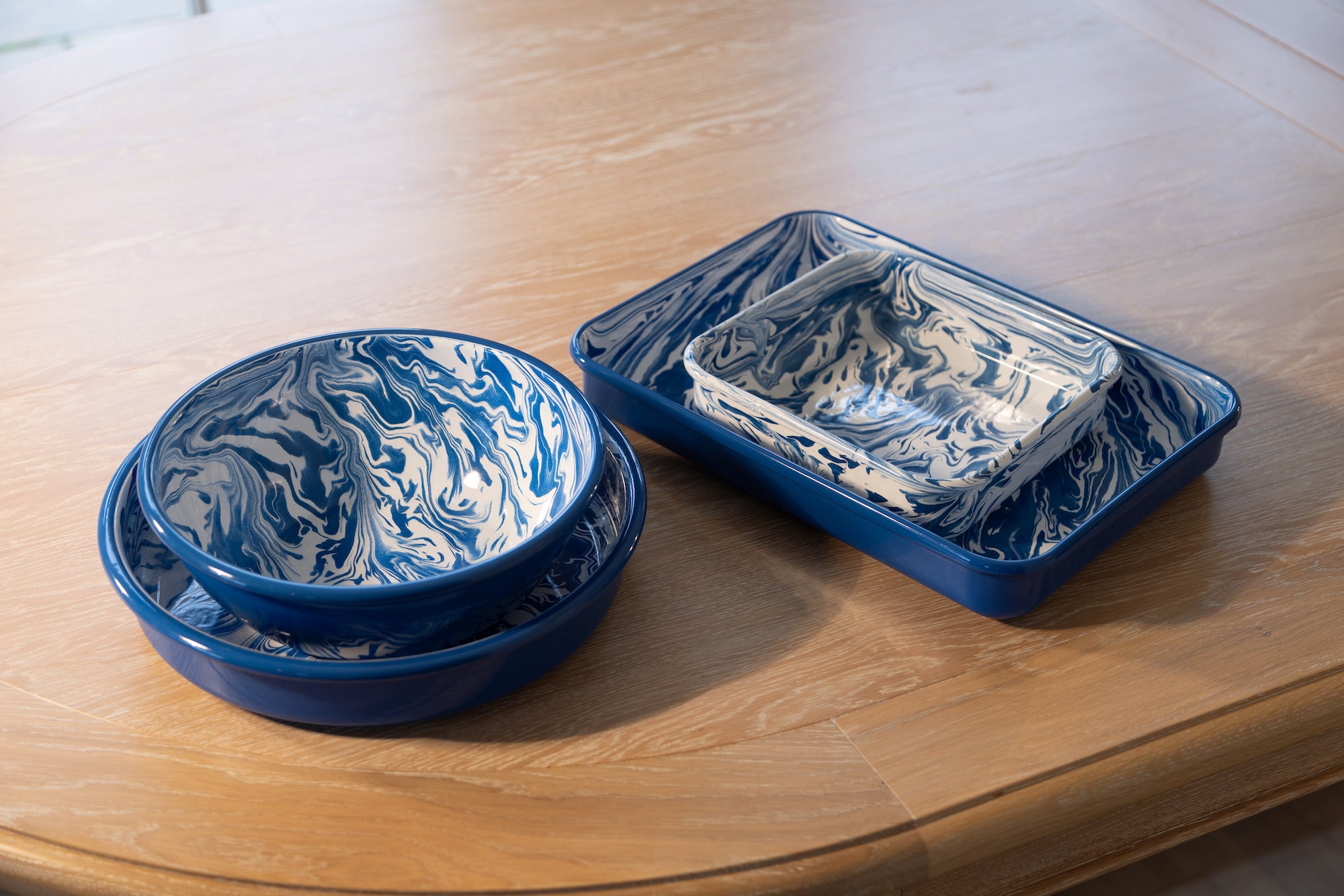 Blue marble enamel baking dishes