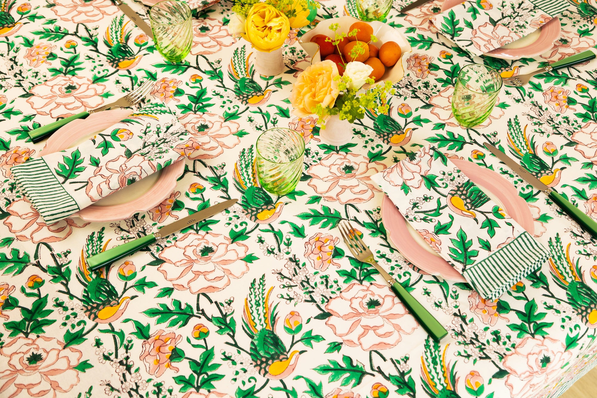 Pink, green and peach tropical paradise print table cloth and napkins