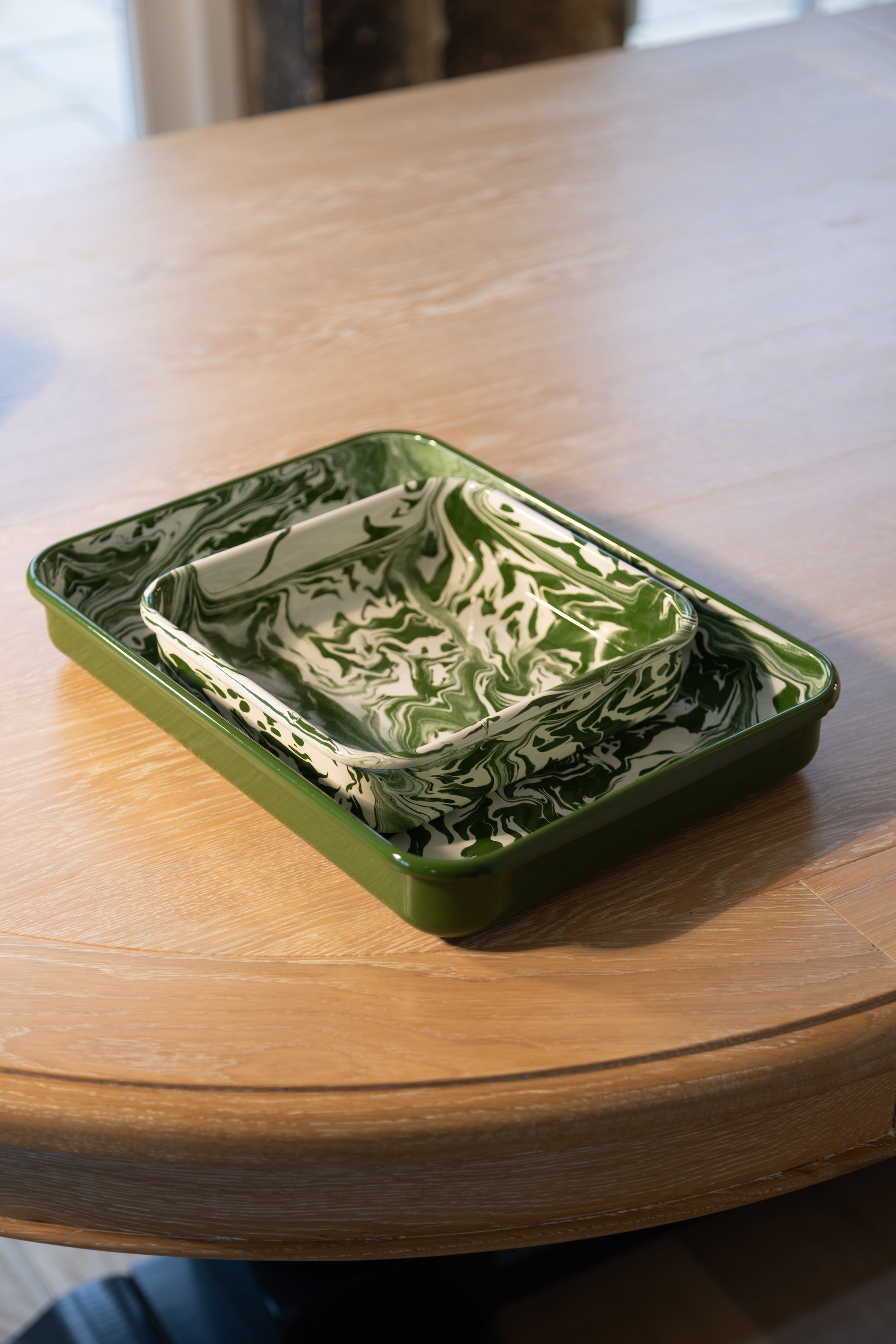 Green marble square & rectangle enamel baking dish