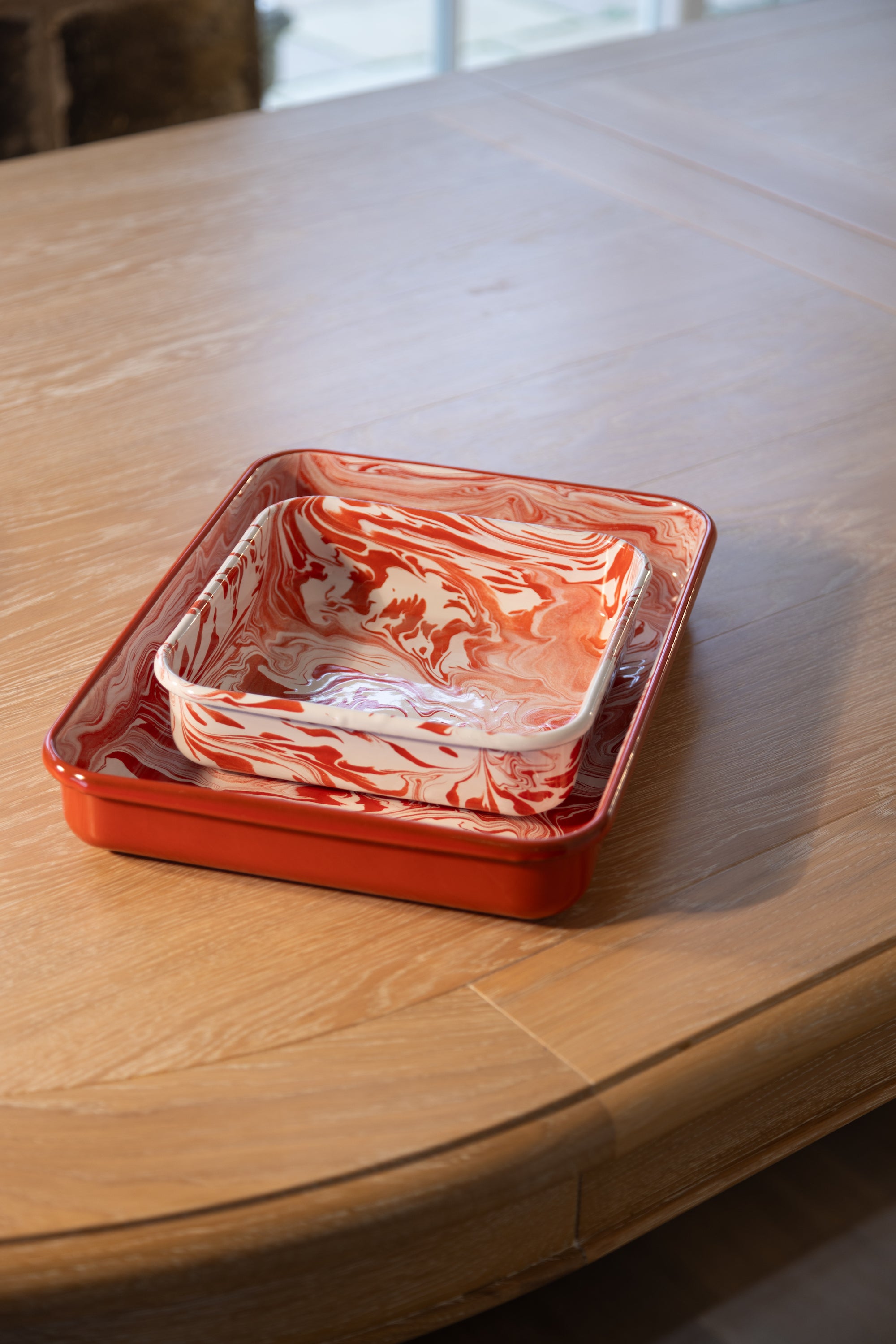 red  marble square enamel baking dish